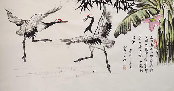 佘声俊作品19《玉羽霜翎一点红 翼舞足蹈快慢中 结伴山野云生处 心随白鹤翱碧空》